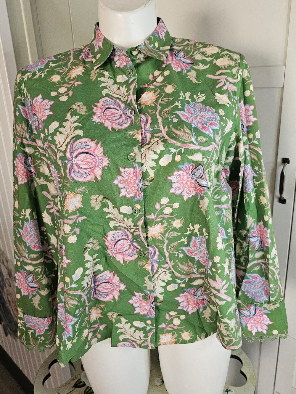 Emily Lovelock L Floral Organic Cotton Blouse Green Babydoll Ruffle Boho